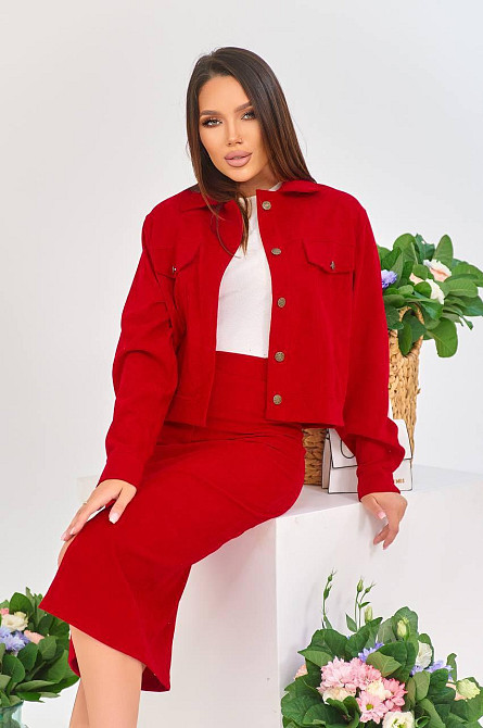 Женский стильный костюм двойка: жакет и юбка микровельвет Красный, 48 Одесса - изображение 4