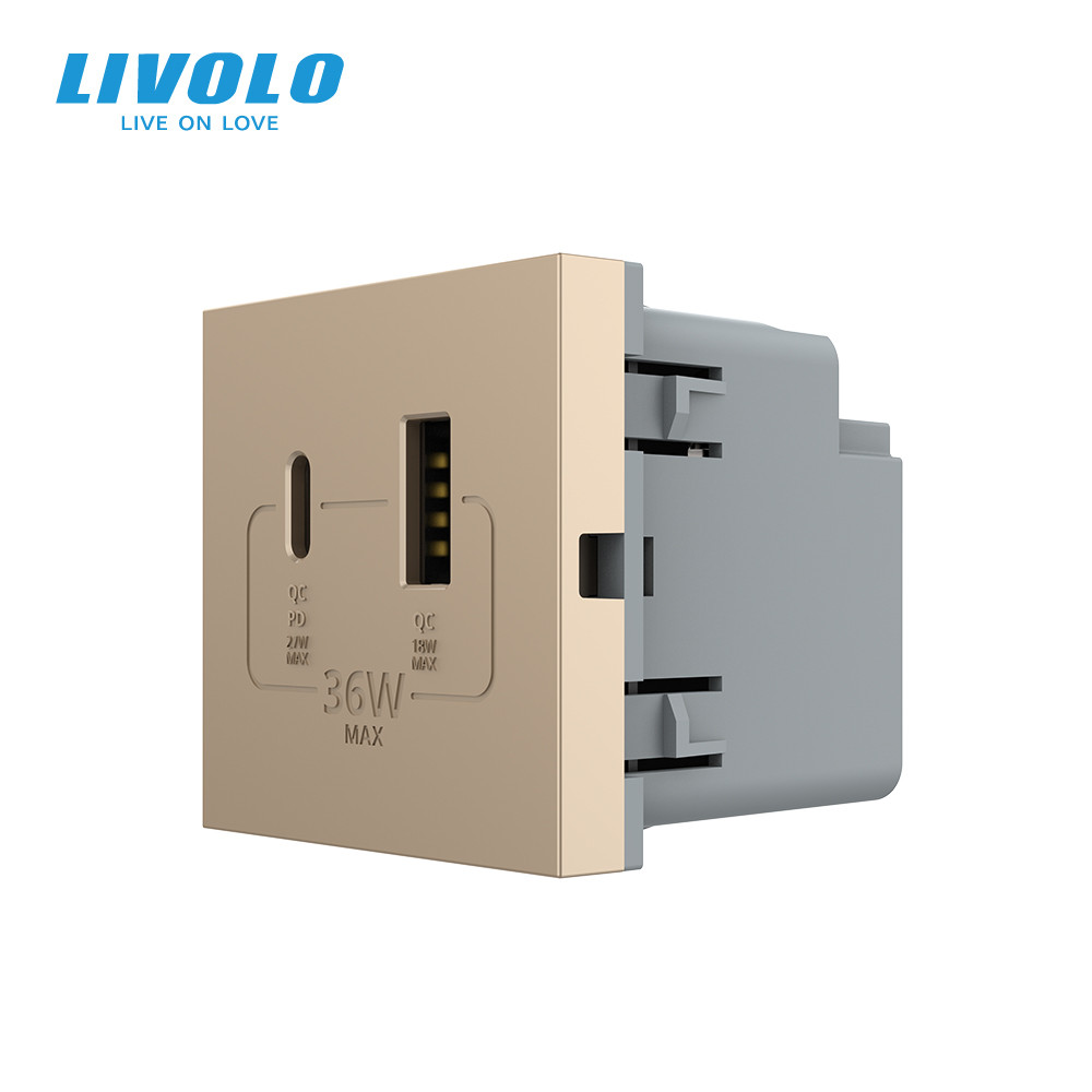 Розетка LIVOLO USB-A + USB-C PD 36Вт, золота, швидке заряджання, Power Delivery QC 3.0, модуль (VL-FCUA18W.UC18W-2AP) Коломыя - изображение 3