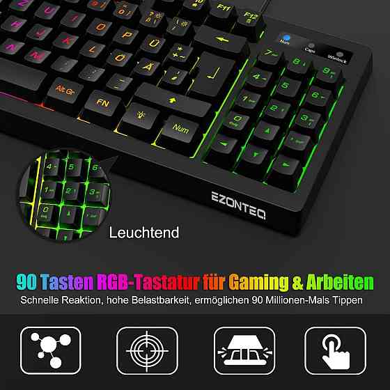 Игровая клавиатура KLAS REMO G076, 90 клавиш, RGB-подсветка, Anti-Ghosting 25 клавиш, QWERTZ, USB, черная Киев