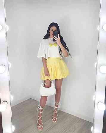 Женский летний романтичный костюм двойка: футболка и юбка турецкий кулир + коттон Желтый, 42/44 Одесса