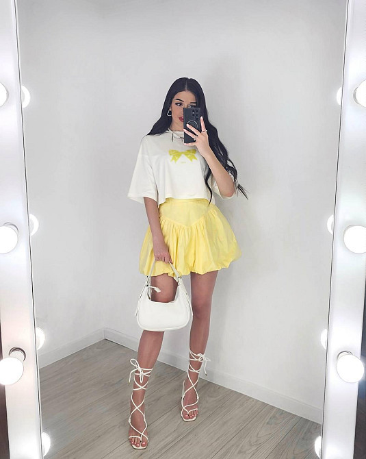 Женский летний романтичный костюм двойка: футболка и юбка турецкий кулир + коттон Желтый, 42/44 Одесса - изображение 3