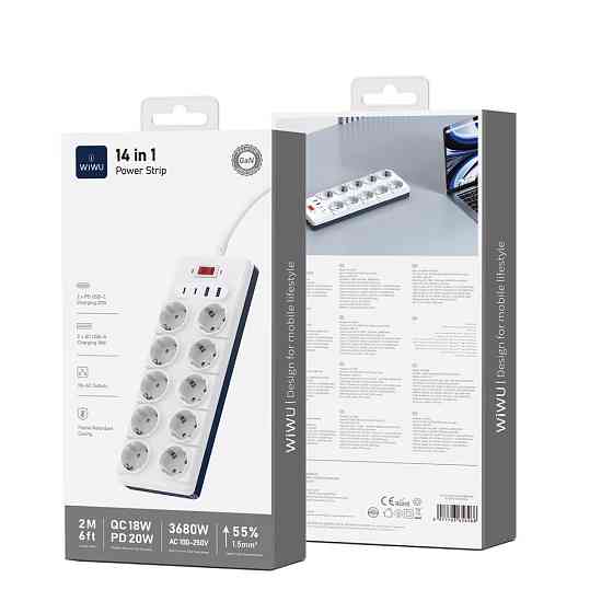 Сетевой удлинитель WIWU 14 in 1 20W GaN Power Strip 2C+2A+10AC Wi-S008 EU (2 m) White Одесса