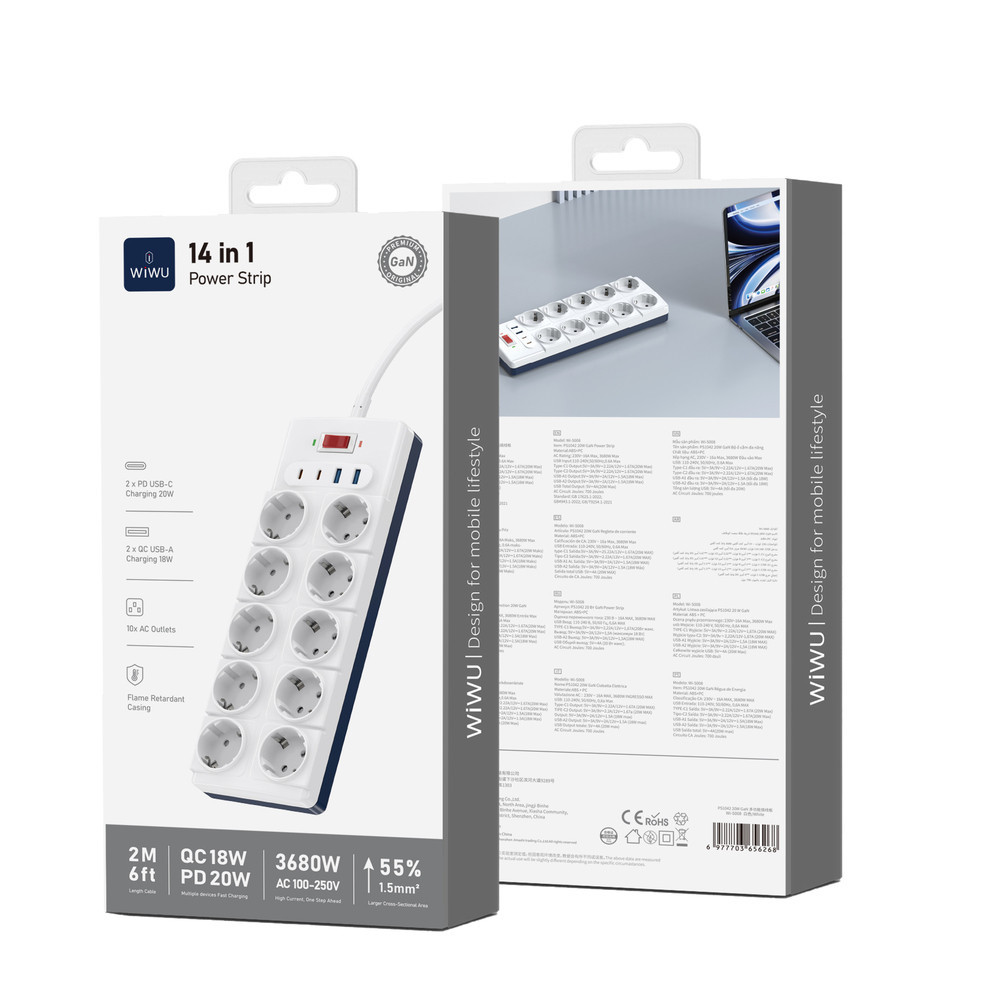 Сетевой удлинитель WIWU 14 in 1 20W GaN Power Strip 2C+2A+10AC Wi-S008 EU (2 m) White Одесса - изображение 2