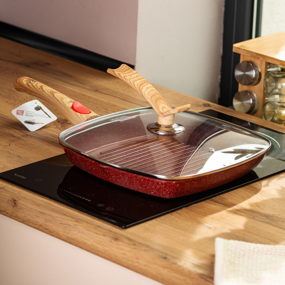 Алюмінієва сковорода-гриль 28 см зі скляною кришкою Square Red MGC HP-4-462R Київ - фото 7