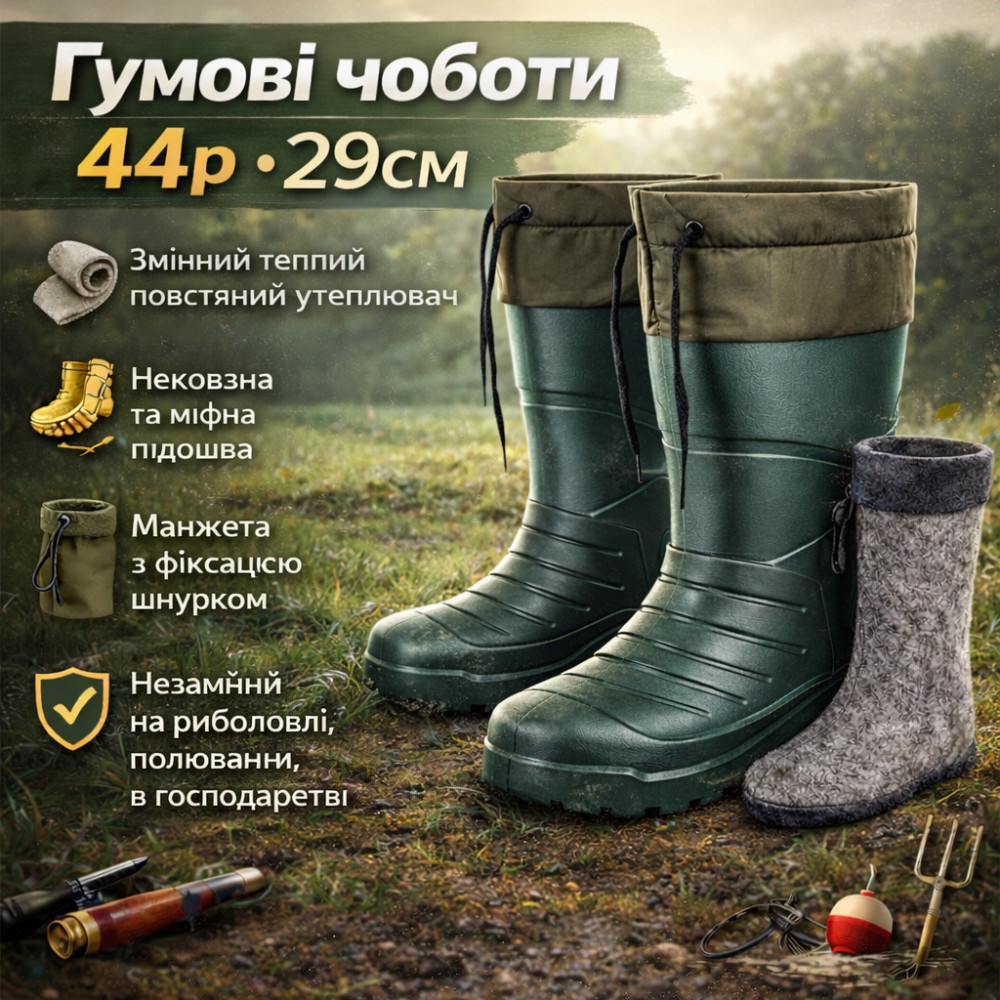 Чоловічі чоботи для риболовлі з гуми 44р, Непромокальні гумові чоботи для чоловіків QH-94 Львів - фото 13