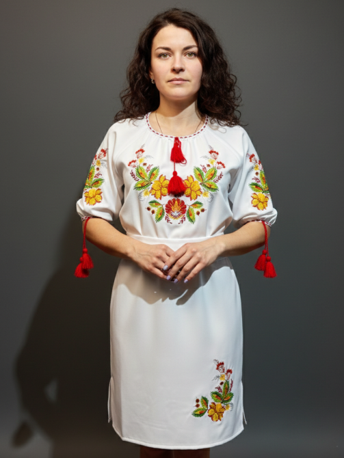 Женское белоснежное вышитое платье с Петриковской росписью на орнаменте с поясом 64 Киев - изображение 1