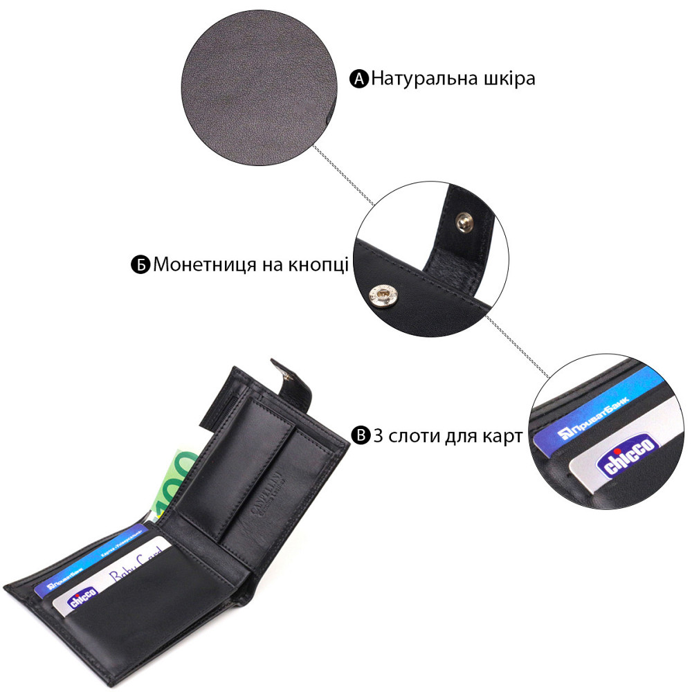 Стильний чоловічий гаманець з натуральної гладкої шкіри Чорний (CANPELLINI) Київ - фото 9