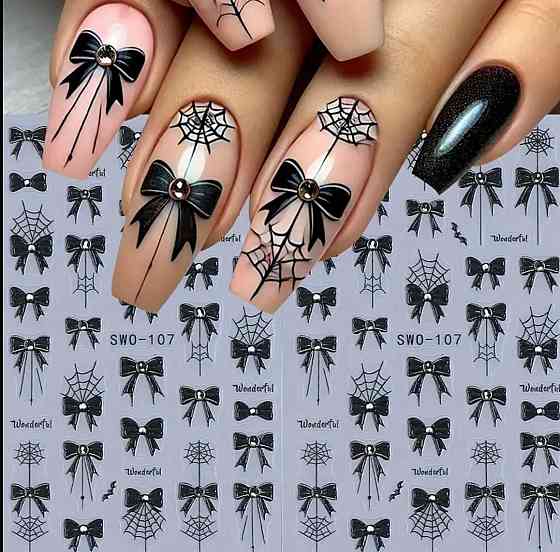 Наклейки для ногтей чёрные бантики и паутинка 3D — 1 лист Киев