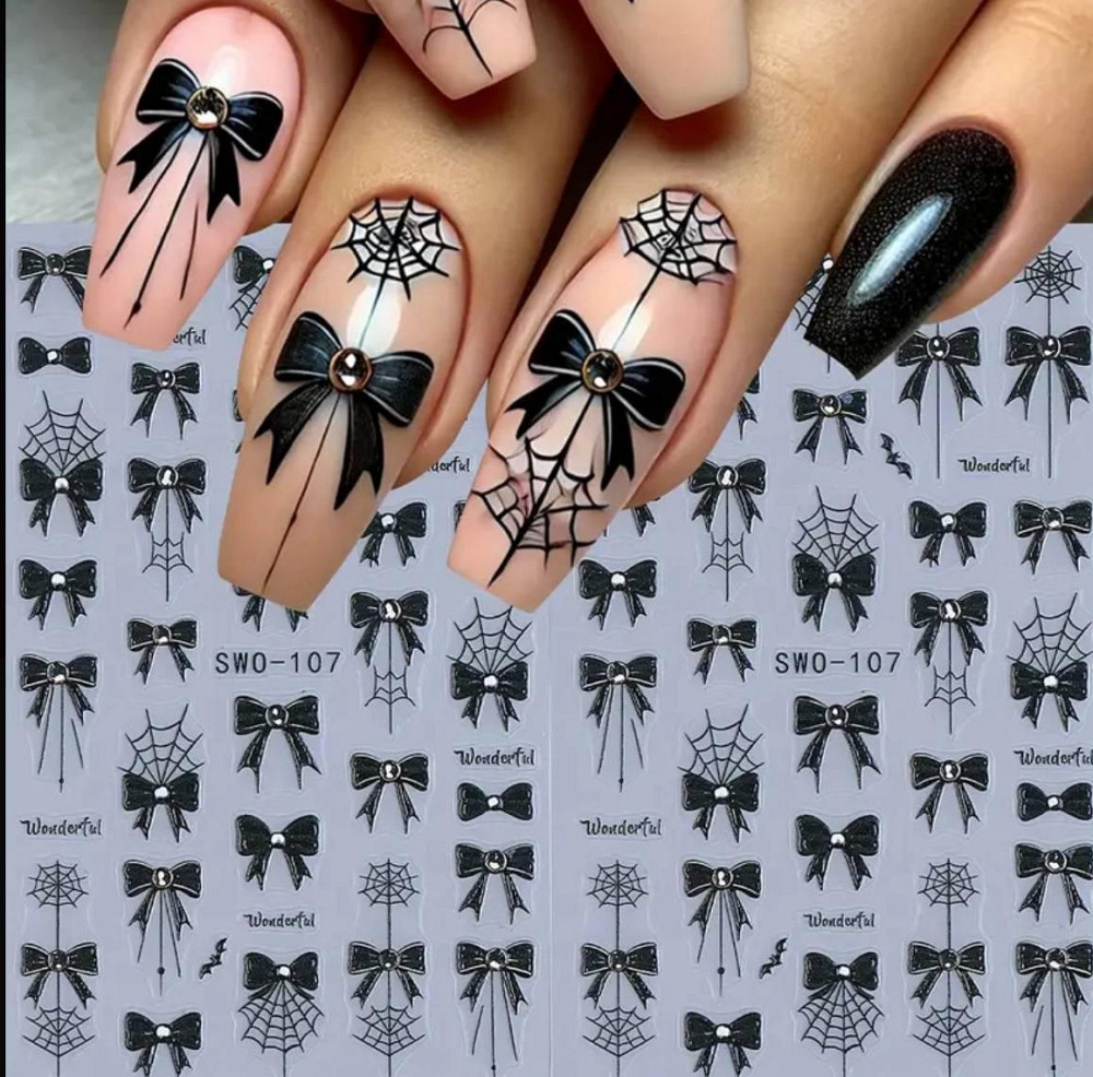 Наклейки для нігтів чорні бантики та павутинка 3D — 1 лист Київ - фото 2