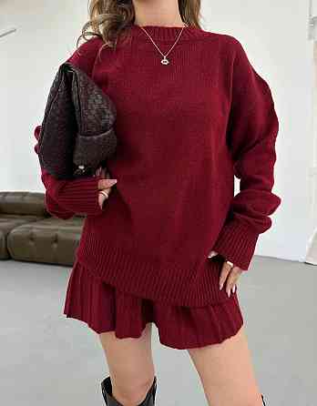 Женский вязаный костюм свитер оверсайз и стильная юбочка 70% Акрил 30% котон Бордо Одесса