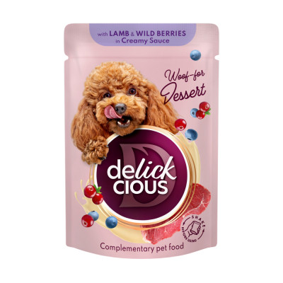 Вологий корм для собак Delickcious Пластівці з ягнятиною та лісовими ягодами у вершковому соусі 80 г (4820269141858) Вінниця - фото 1