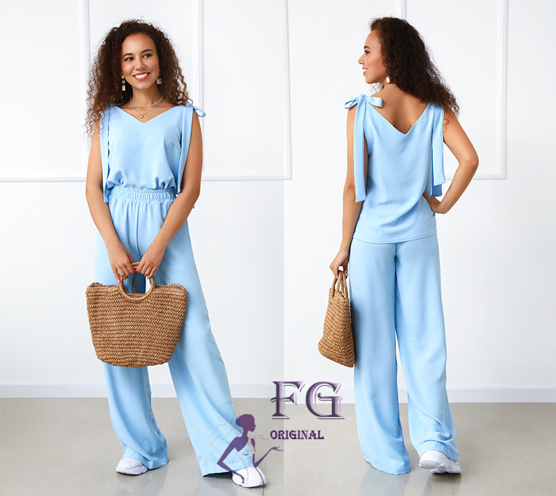 Літній жіночий костюм із широкими штанами "Ясмин" оптом | Норма та батал | Розпродаж моделі Блакитний, 46 Київ - фото 4