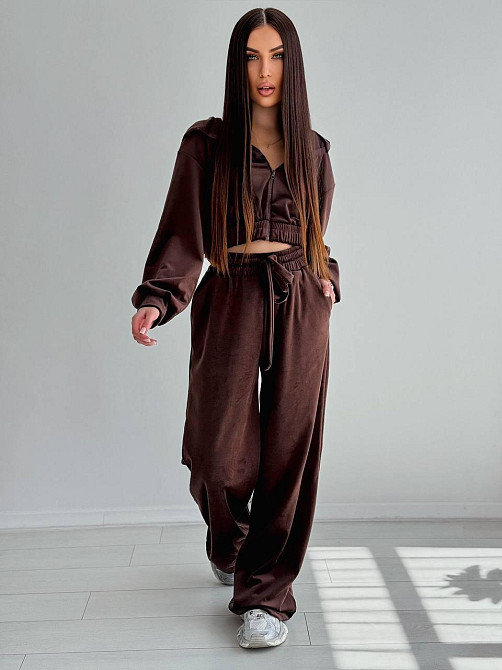 Женский стильный костюм двойка: кофта и штаны из плюш велюра Шоколад, 44/46 Одесса - изображение 1
