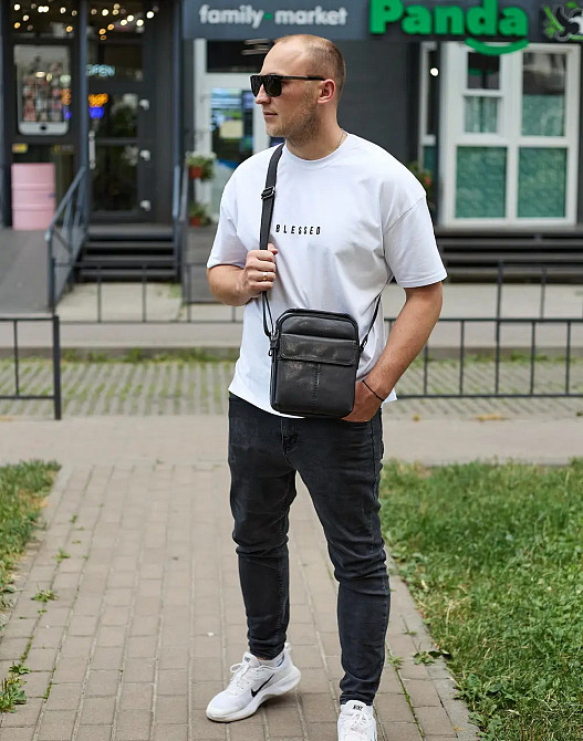 Чоловіча чорна шкіряна сумка-месенджер Шкіряний чоловічий месенджер чорний Tiding Bag Київ - фото 7