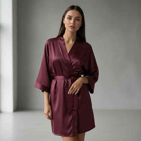 Халат женский шелковый под пояс длина 90см Бордовый 3XL/4XL Харьков