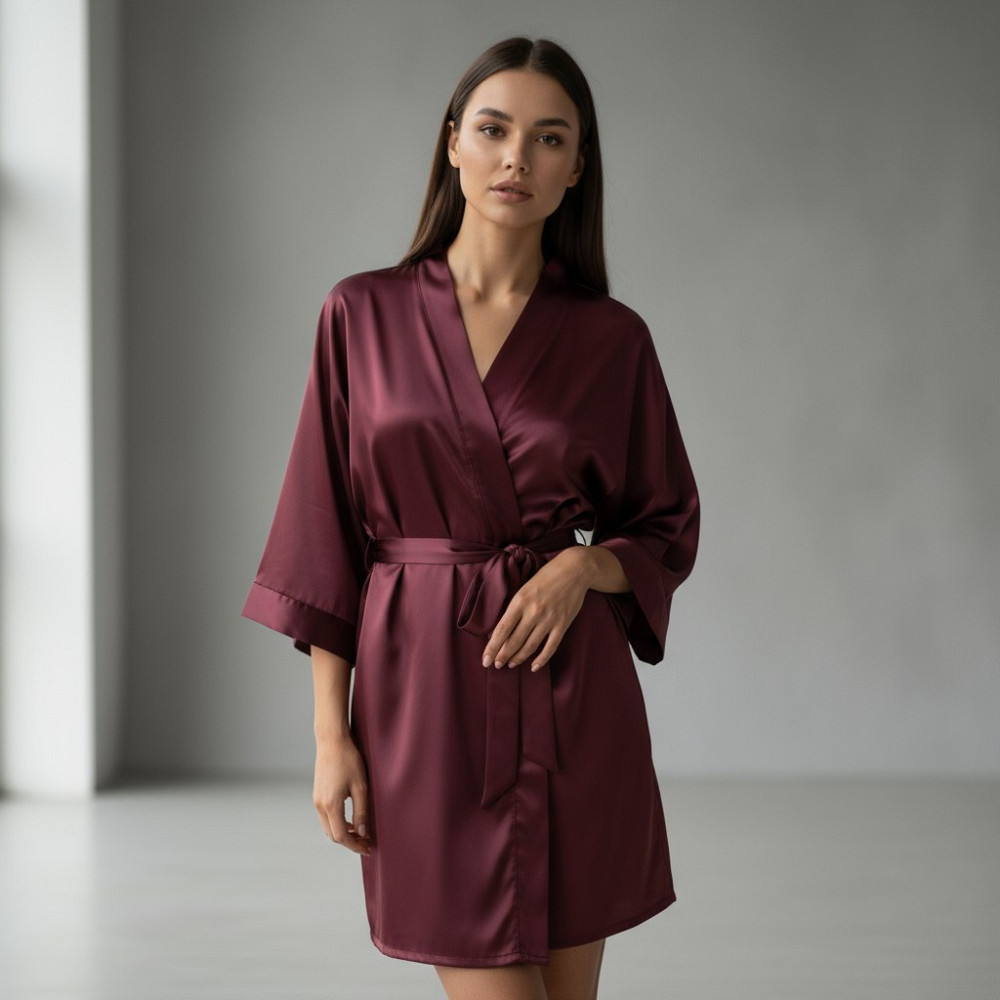 Халат женский шелковый под пояс длина 90см Бордовый 3XL/4XL Харьков - изображение 5