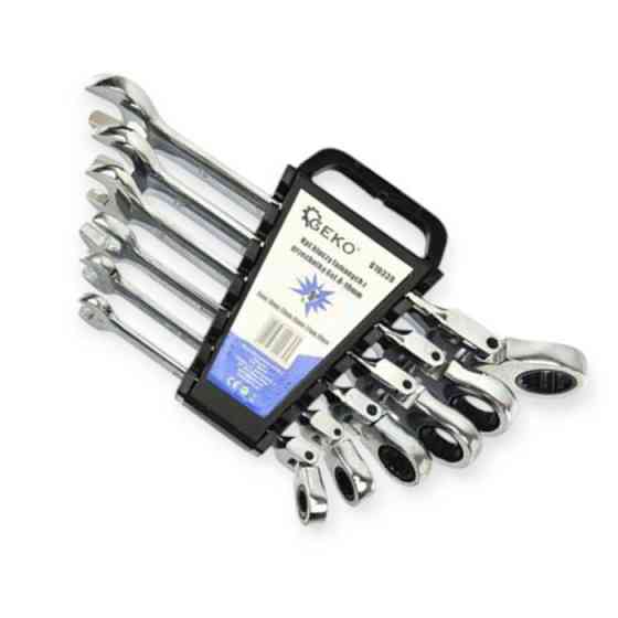 Набір ключів ріжково-накидних з тріскачкою 8-19 мм 6 шт (планшет) CrV шарнірні Geko Мукачево