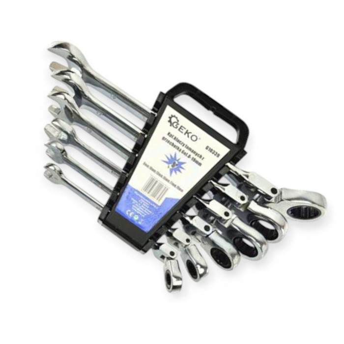 Набір ключів ріжково-накидних з тріскачкою 8-19 мм 6 шт (планшет) CrV шарнірні Geko Мукачево - фото 1