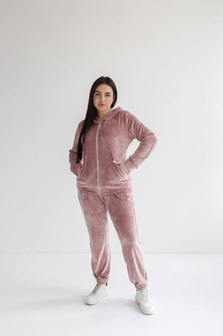 Женский велюровий костюм на змейке с капюшоном Розовый XXL Харьков - изображение 3