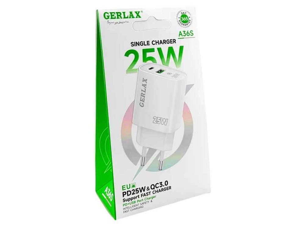Мережевий зарядний пристрій USB A36S 3A 1USB PD25W QC3.0 білий ТМ GERLAX Київ - фото 1