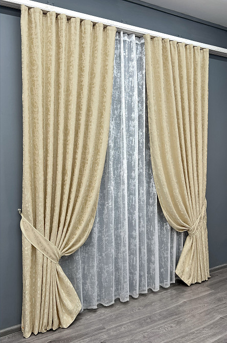 Комплект штор VR-Textil Льон Мармур 200х270 2шт і Тюль 600х270 1909ш-1400т Кремовий з білим 71-137/7 Київ - фото 2