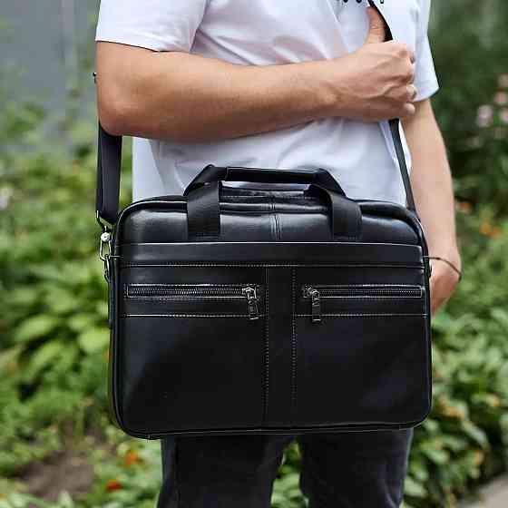 Чоловіча шкіряна ділова сумка портфель для ноутбука і документів Tiding Bag чорна Київ