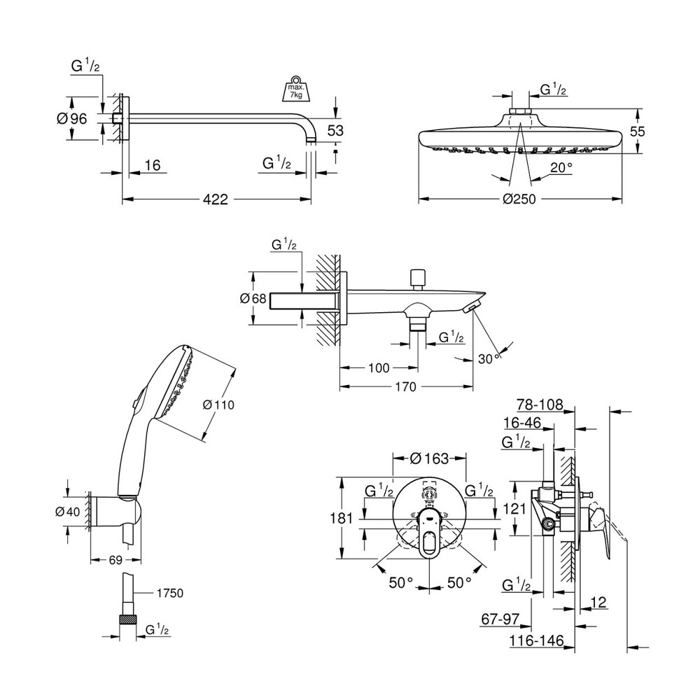 Душевая система скрытого монтажа Grohe Vitalio Start 250 с изливом для ванны и смесителем Bauloop UA290810R3 Киев - изображение 2