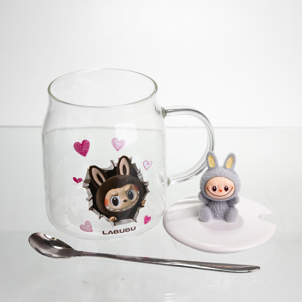Новорічна велика скляна чашка "Лабубу" з кришкою та ложкою 600 мл,Святкова кружка чашка для дітей на подарунок Сірий FM-56A SBR Київ - фото 3
