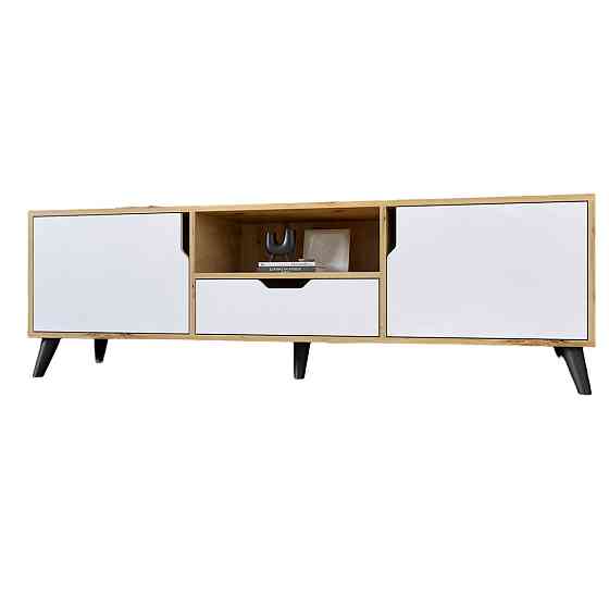 Тумба под телевизор с черными ножками М-ЗОН Борн 1600 Дуб Артизан/Нимфея Альба (белый) (MZN-031080) Львов