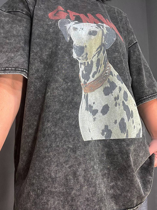Футболка жіноча E-F 8089 варена тай дай оверсайз з малюнком собаки далматинець темно сіра, темно-сірий, 48 Київ - фото 15