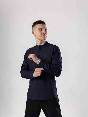 Рубашка из льна мужская синяя однотонная синяя. Рубашка casual на пуговицах синяя Pobedov Exlnt Киев