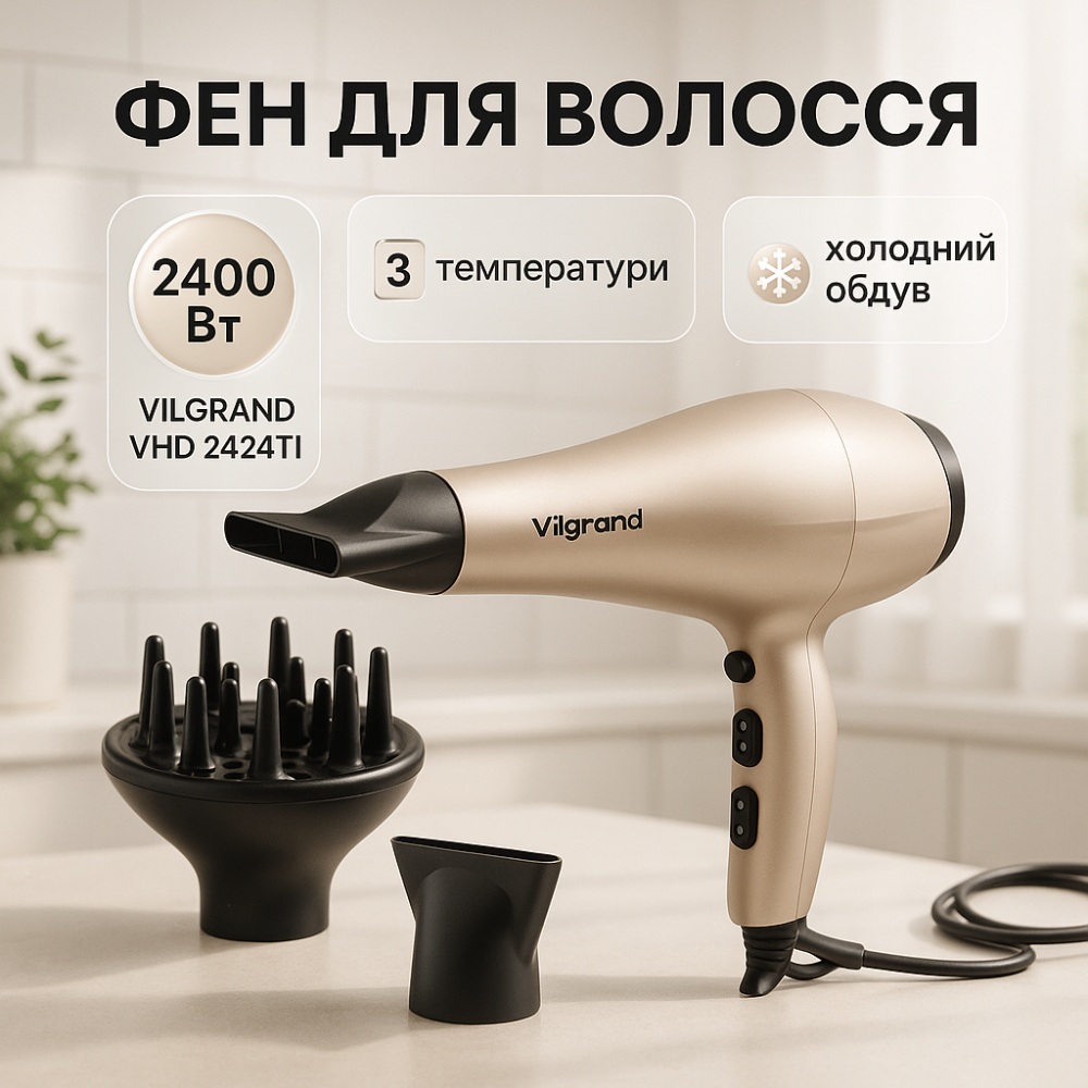 Фен с ионизацией и регулировкой температуры VILGRAND VHD 2424TI 2400 Вт, Функциональная щетка для сушки YR-85 Львов - изображение 14