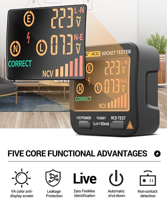 Тестер розеток Aneng AC11 (УЗО, вольтметр, вимірювач потужності) Вінниця - фото 6
