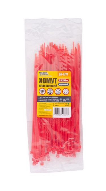 Хомут нейлоновий MASTERTOOL 3.6×200 мм 100 шт червоний 20-1711 Коломия - фото 4