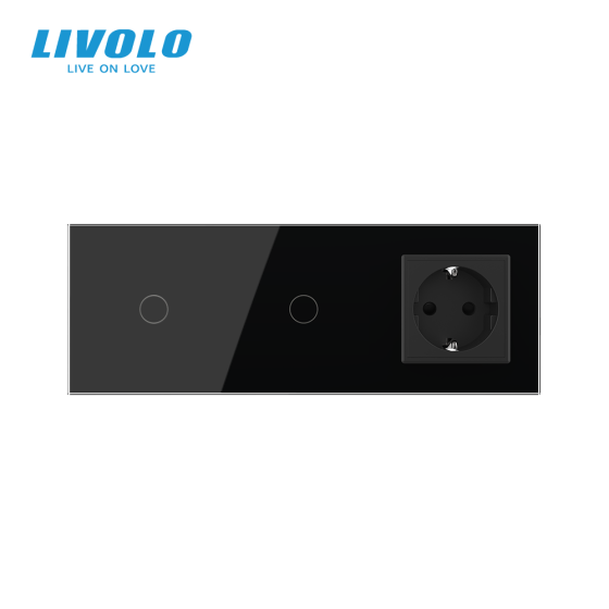 Сенсорний вимикач 2 сенсора (1-1) 1 розетка Livolo чорний скло (VL-C701/C701/C7C1EU-12) Коломыя