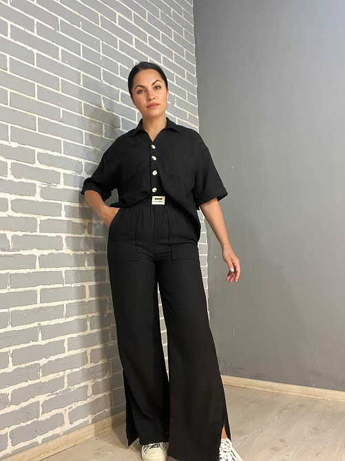 Костюм женский Mix Ray 4157 рубашка оверсайз брюки с разрезами по бокам ровные от бедра черный, черный, S Киев - изображение 6
