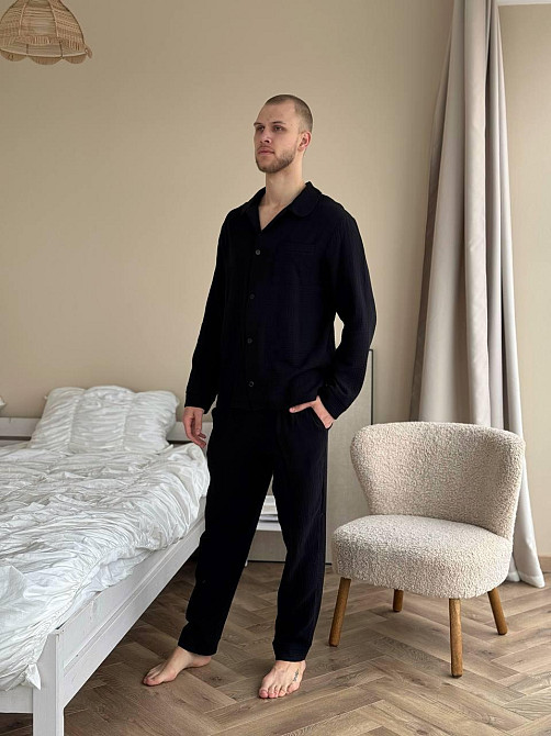 Чоловічий домашній костюм з муслінової тканини на ґудзиках Чорний XL-2XL Харків - фото 3