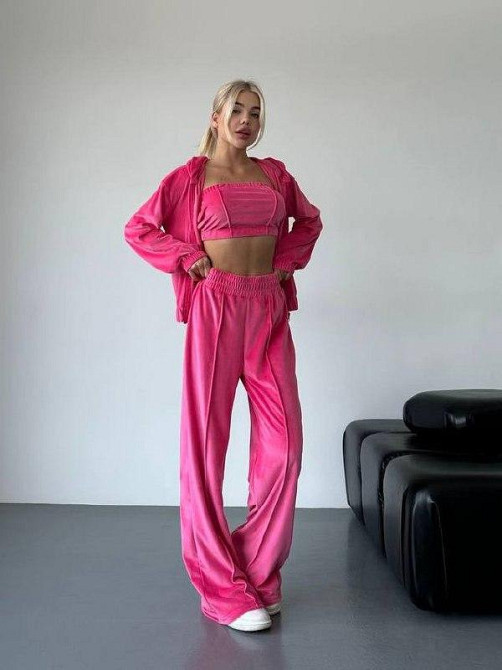 Женский прогулочный плюшевый костюм тройка: кофта топ и штаны велюр-плюш Малина, 46/48 Одесса - изображение 5