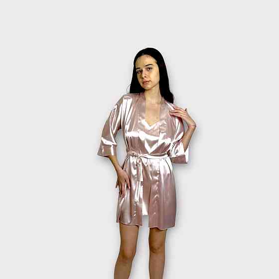 Жіноча атласна нічна сорочка з халатом Пудровий L Харків