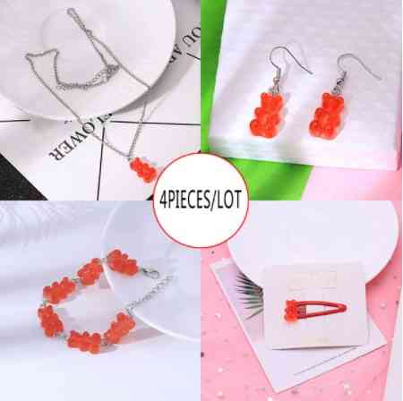 Украшения с мишками (набор), красные - в набор входит браслет, кулон, серьги, заколка, материал смола Киев