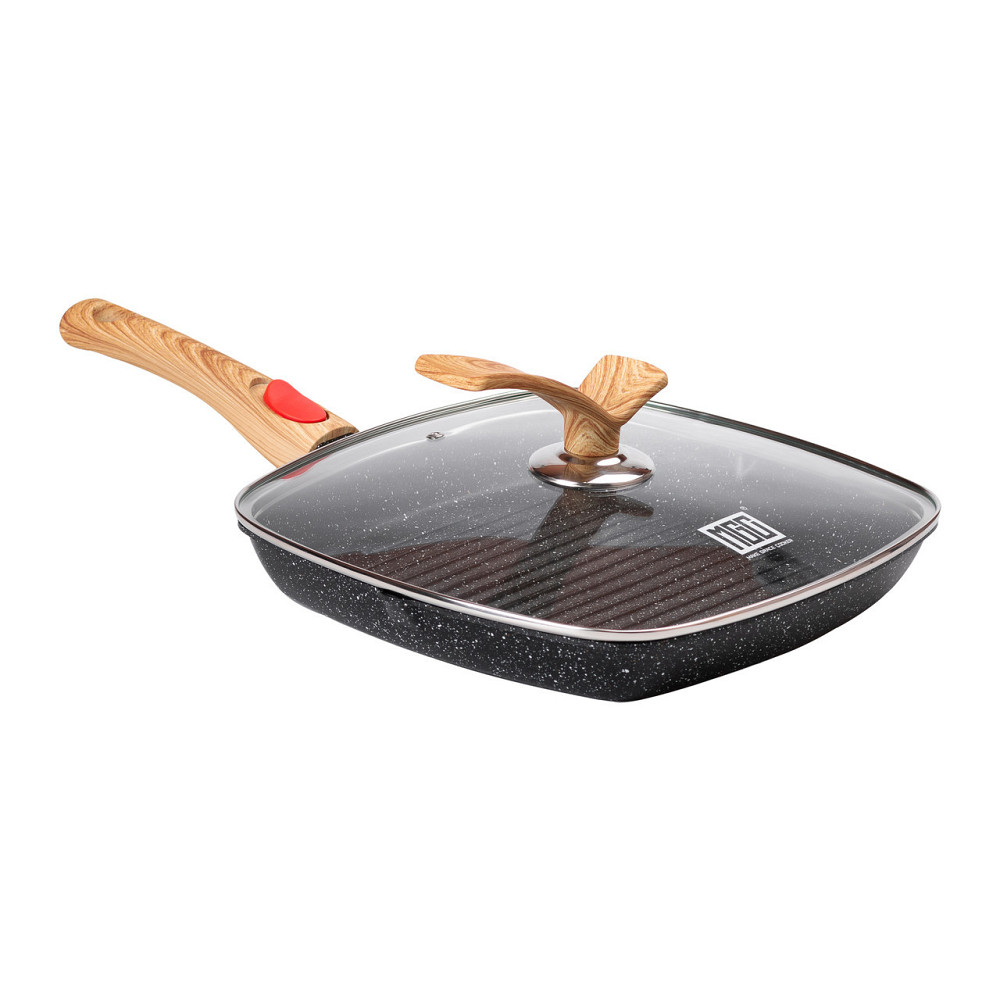 Алюминиевая сковорода-гриль 28 см со стеклянной крышкой, квадратная, черная MGC HP-4-462B Киев - изображение 1