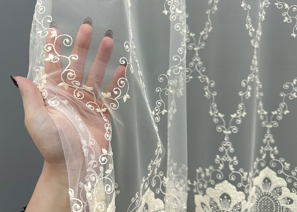 Тюль VR-Textil 1850т Фатин с вышивкой и люрексом Молочный 300х270 см (40-200) Киев - изображение 4