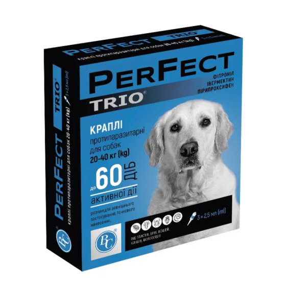 Краплі протипаразитарні PerFect TRIO для собак від 20 до 40 кг упаковка №3 піпетки по 2.5 мл Ветсинтез Вінниця