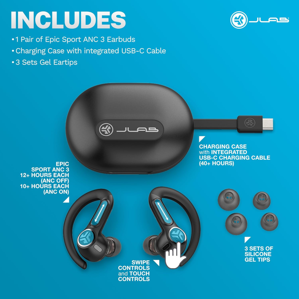 Беспроводные наушники JLab Epic Sport ANC 3 TWS, ANC, 68+ ч, LDAC, Bluetooth Multipoint, IP66, Black Киев - изображение 8