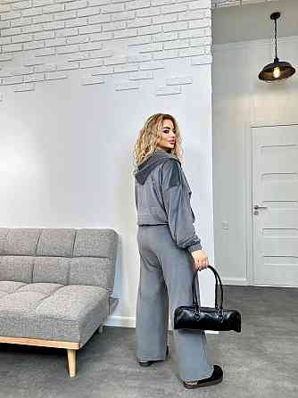 Жіночий теплий костюм-двійка: кофта та штани батал зі стразами велюр спорт на хутрі Сірий, 52/54 Одеса