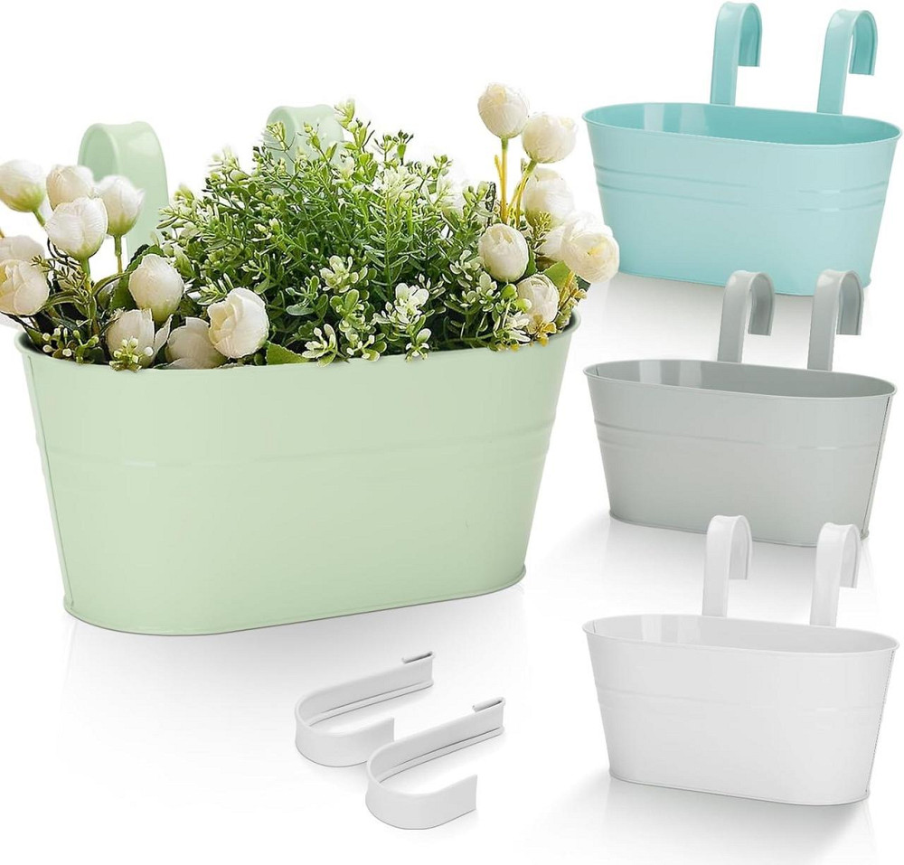 Підвісні кашпо металеві комплект 4 шт, кольоровий квітковий горщик великий з гачком і дренажем для балкону вікон перил двору Київ - фото 1