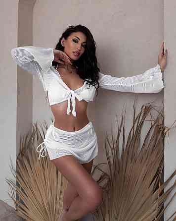 Женский пляжный костюм двойка: топ и юбочка из ажурной сетки Молочный, 42/44 Одесса