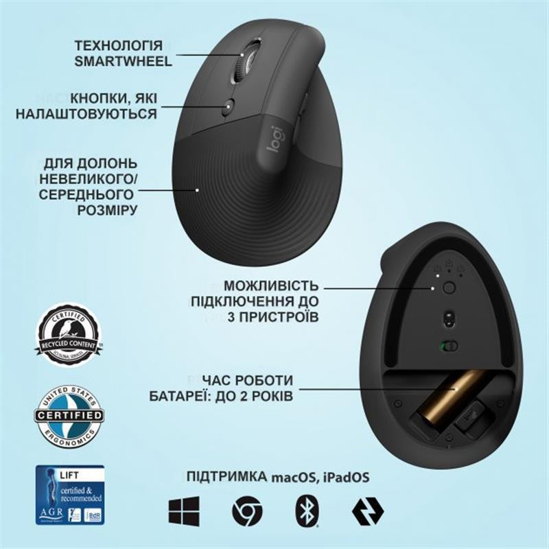 Миша бездротова Logitech Lift Vertical Ergonomic Graphite (910-006474) Сірий Харьков - изображение 1
