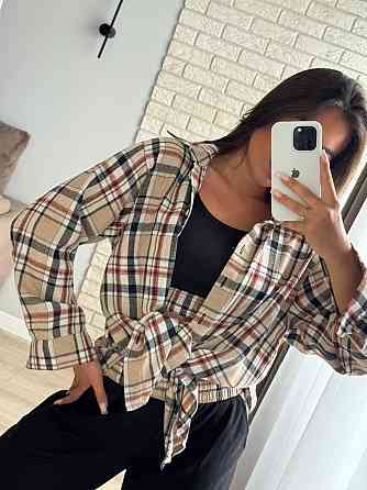 Женский прогулочный костюм тройка: рубашка в клетку топ и штаны фланель + двунитка Бежевый, 46/48 Одесса