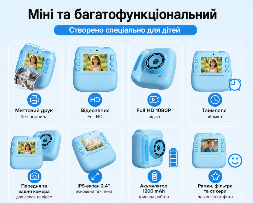 Дитячий цифровий фотоапарат DELANDA з миттєвим друком та записом відео - блакитний Київ - фото 5